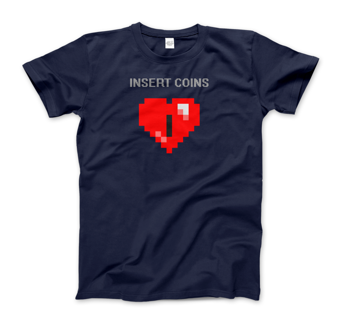Start2Finish 8-BIT Heart insert coins graphic t-shirt, featuring retro video game style design on soft apparel.