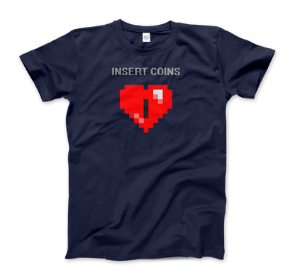 Start2Finish 8-BIT Heart insert coins graphic t-shirt, featuring retro video game style design on soft apparel.