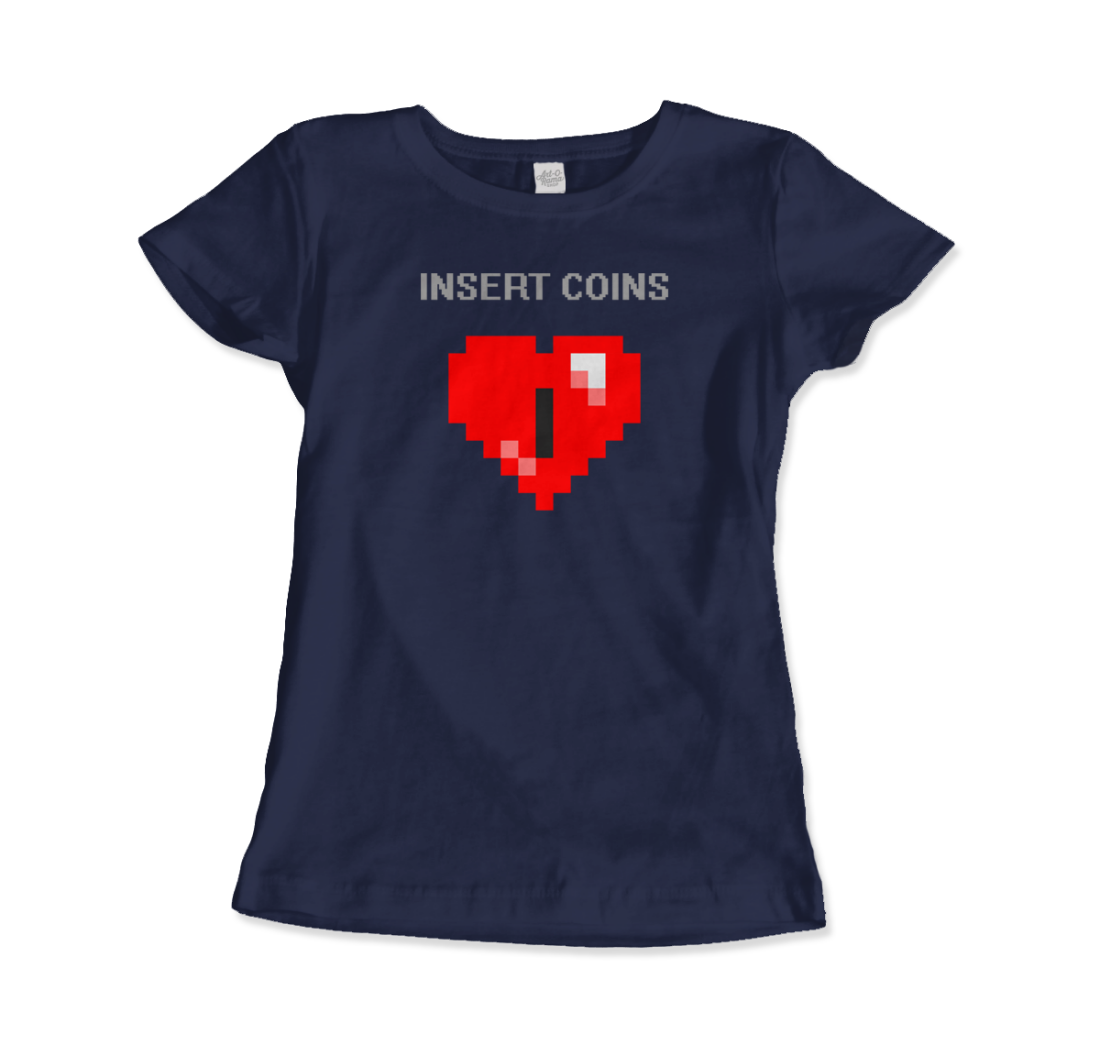 Start2Finish Insert Coins 8-BIT Heart T-shirt featuring retro gaming coin and heart graphic on casual apparel.