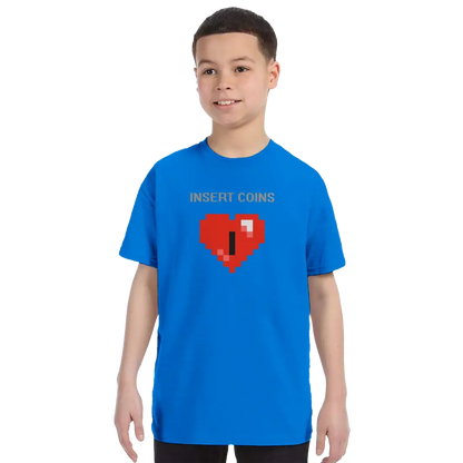 Start2Finish Insert Coins 8-bit Heart T-shirt showing a pixelated heart design on a casual apparel shirt.