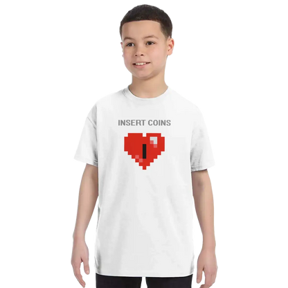 Start2Finish 8-bit Heart T-shirt with Insert Coins graphic, casual apparel featuring retro gaming-inspired design.