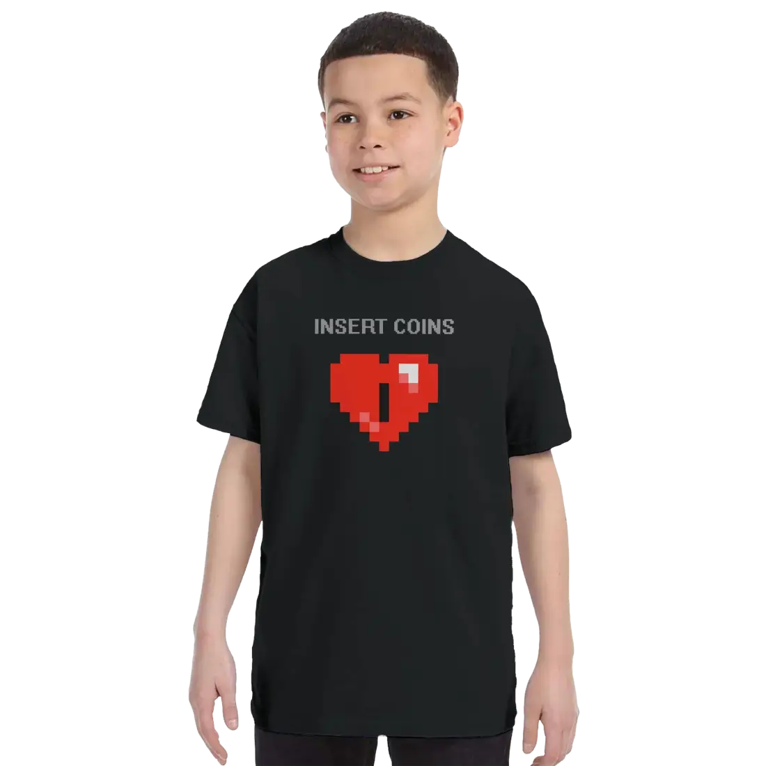 Start2Finish 8-bit Heart T-shirt featuring pixel coin design, casual apparel perfect for gaming and retro style enthusiasts.