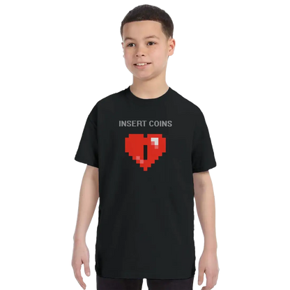 Start2Finish 8-bit Heart T-shirt featuring pixel coin design, casual apparel perfect for gaming and retro style enthusiasts.