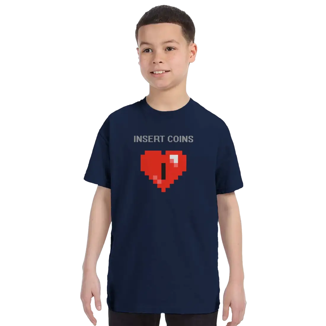 Start2Finish 8-bit Heart t-shirt featuring pixelated coin graphics, casual apparel for gaming and retro style enthusiasts.