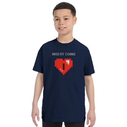 Start2Finish 8-bit Heart t-shirt featuring pixelated coin graphics, casual apparel for gaming and retro style enthusiasts.