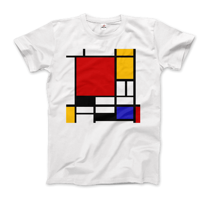 Start2Finish Piet Mondrian Composition with Red, Yellow, and Blue artwork t-shirt featuring iconic abstract geometric design.