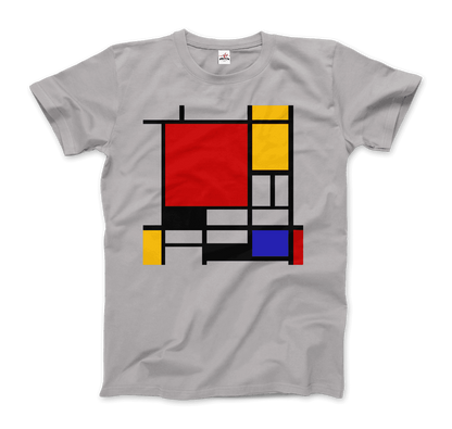 Start2Finish Piet Mondrian Composition with Red, Yellow, and Blue artwork t-shirt featuring abstract geometric design in vibrant colors.