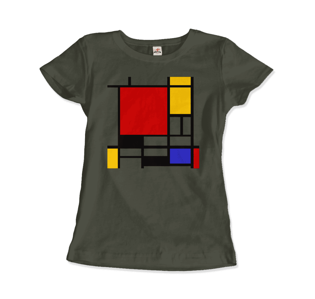 Start2Finish Piet Mondrian Composition with Red, Yellow, and Blue 1942 artwork t-shirt showcasing a geometric abstract design.