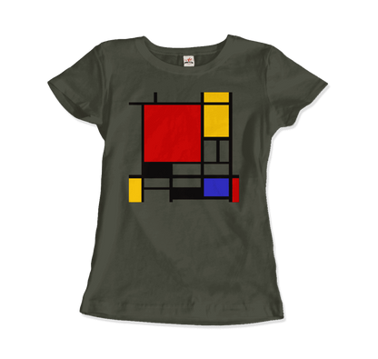 Start2Finish Piet Mondrian Composition with Red, Yellow, and Blue 1942 artwork t-shirt showcasing a geometric abstract design.