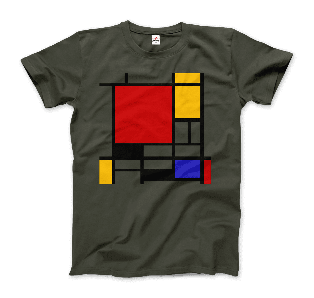 Start2Finish Piet Mondrian composition with red, yellow, and blue artwork t-shirt displaying bold geometric patterns.