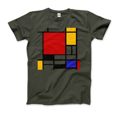 Start2Finish Piet Mondrian composition with red, yellow, and blue artwork t-shirt displaying bold geometric patterns.
