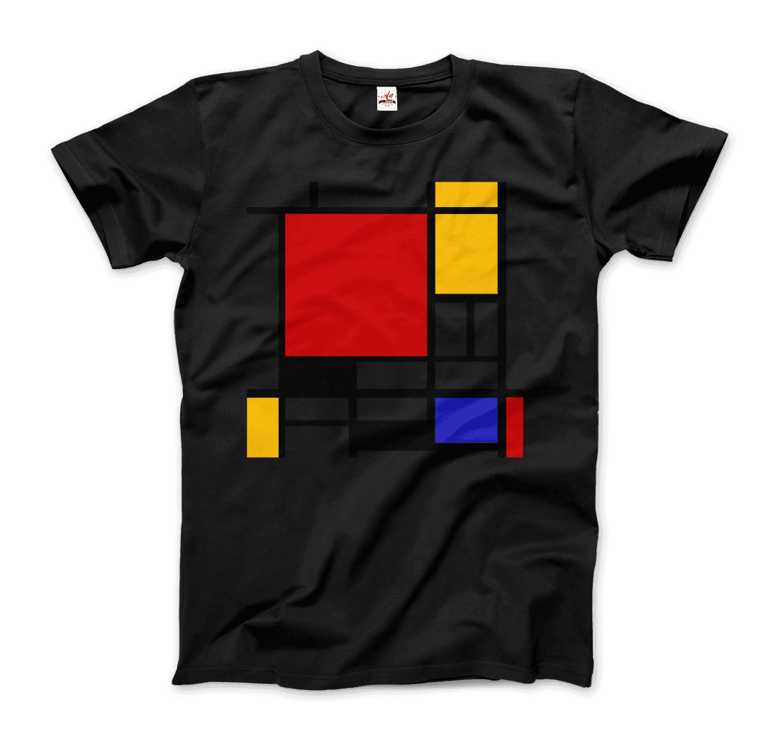 Start2Finish Piet Mondrian Composition with Red, Yellow, and Blue 1942 artwork t-shirt showing colorful geometric abstract design.