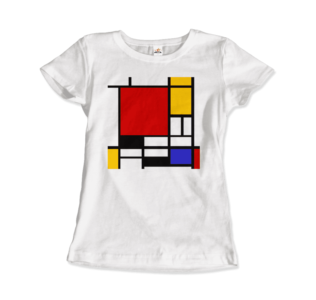 Start2Finish Piet Mondrian Composition with Red, Yellow, and Blue 1942 artwork t-shirt showing a geometric abstract design.