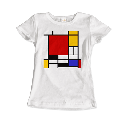 Start2Finish Piet Mondrian Composition with Red, Yellow, and Blue 1942 artwork t-shirt showing a geometric abstract design.