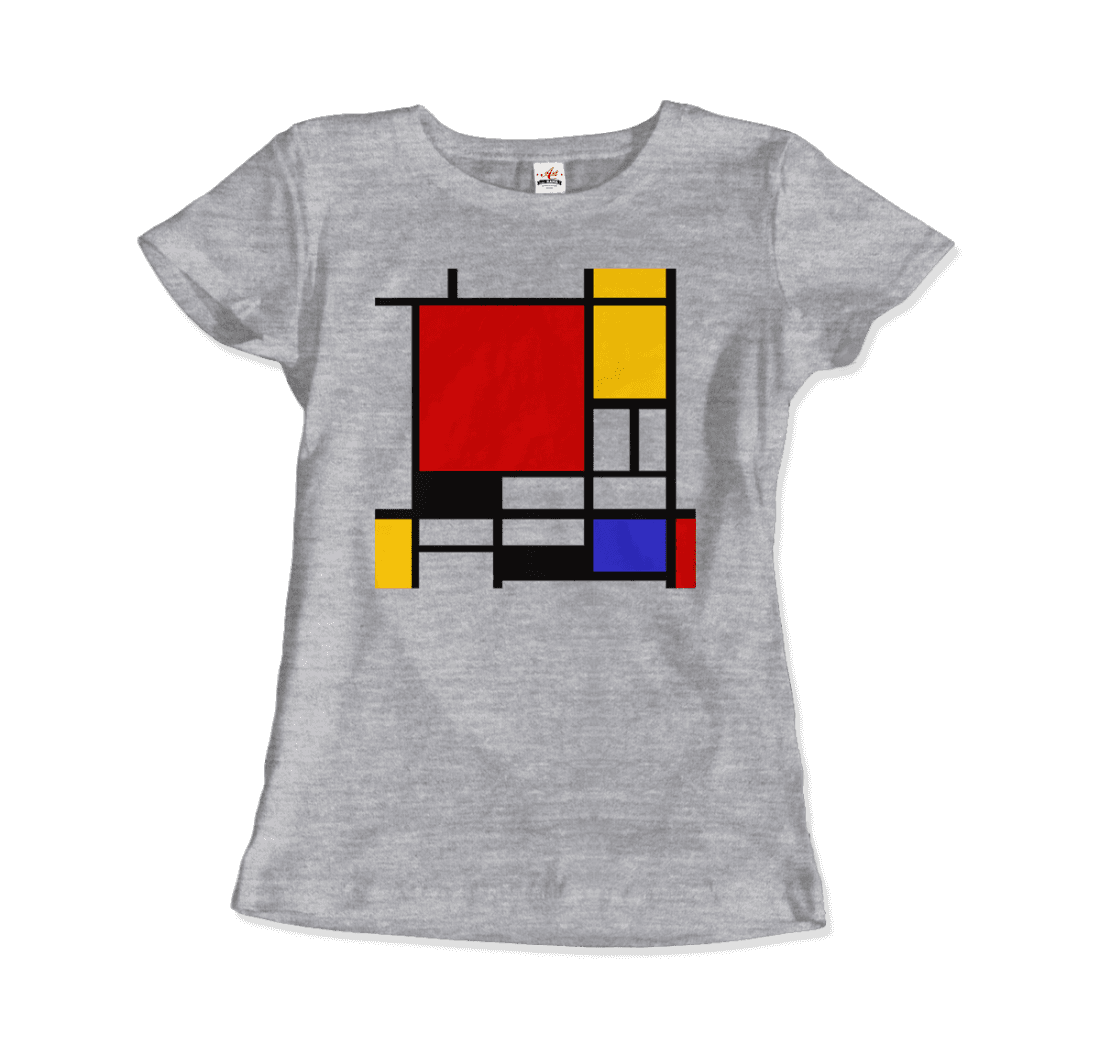 Start2Finish Piet Mondrian Composition with Red, Yellow, and Blue art t-shirt featuring abstract geometric design.