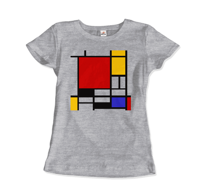 Start2Finish Piet Mondrian Composition with Red, Yellow, and Blue art t-shirt featuring abstract geometric design.