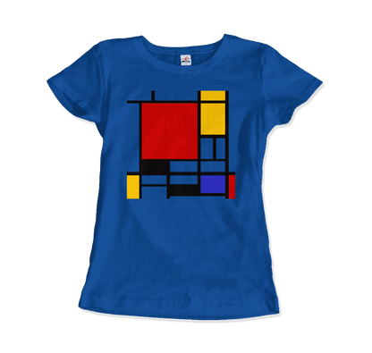 Start2Finish Piet Mondrian Composition with Red, Yellow, and Blue artwork t-shirt featuring abstract geometric art in vivid colors.