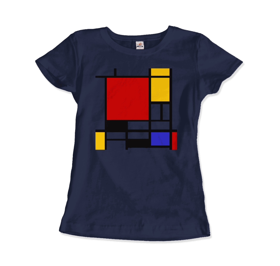 Start2Finish Piet Mondrian Composition with Red, Yellow, and Blue 1942 artwork t-shirt featuring abstract geometric design.