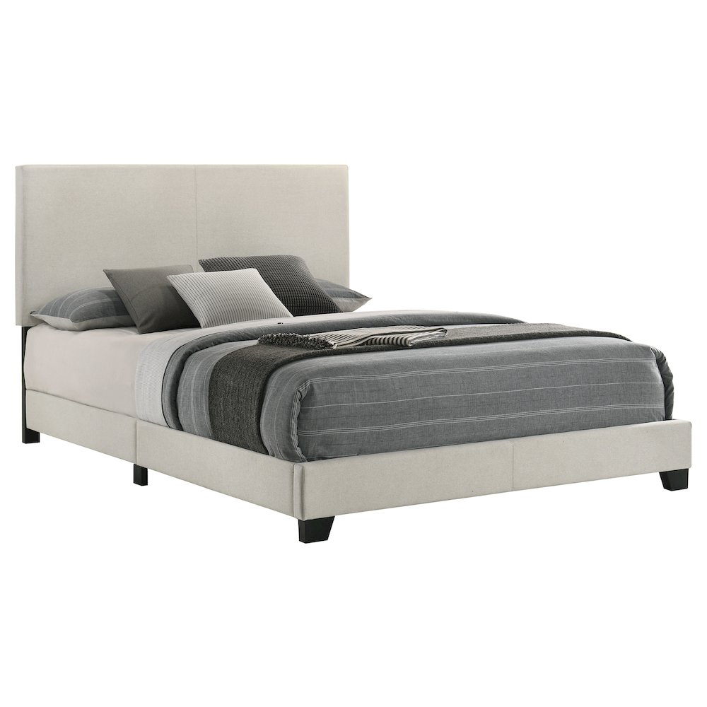Cream fabric upholstered queen panel bed by Start2Finish with a sleek, modern design and visible headboard details.