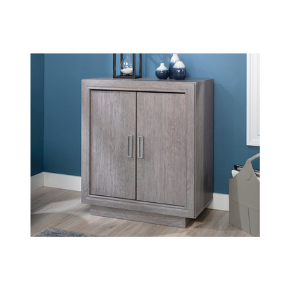 Start2Finish Hayes garden storage cabinet in Ashen Oak finish with double doors and storage shelves for outdoor organization.