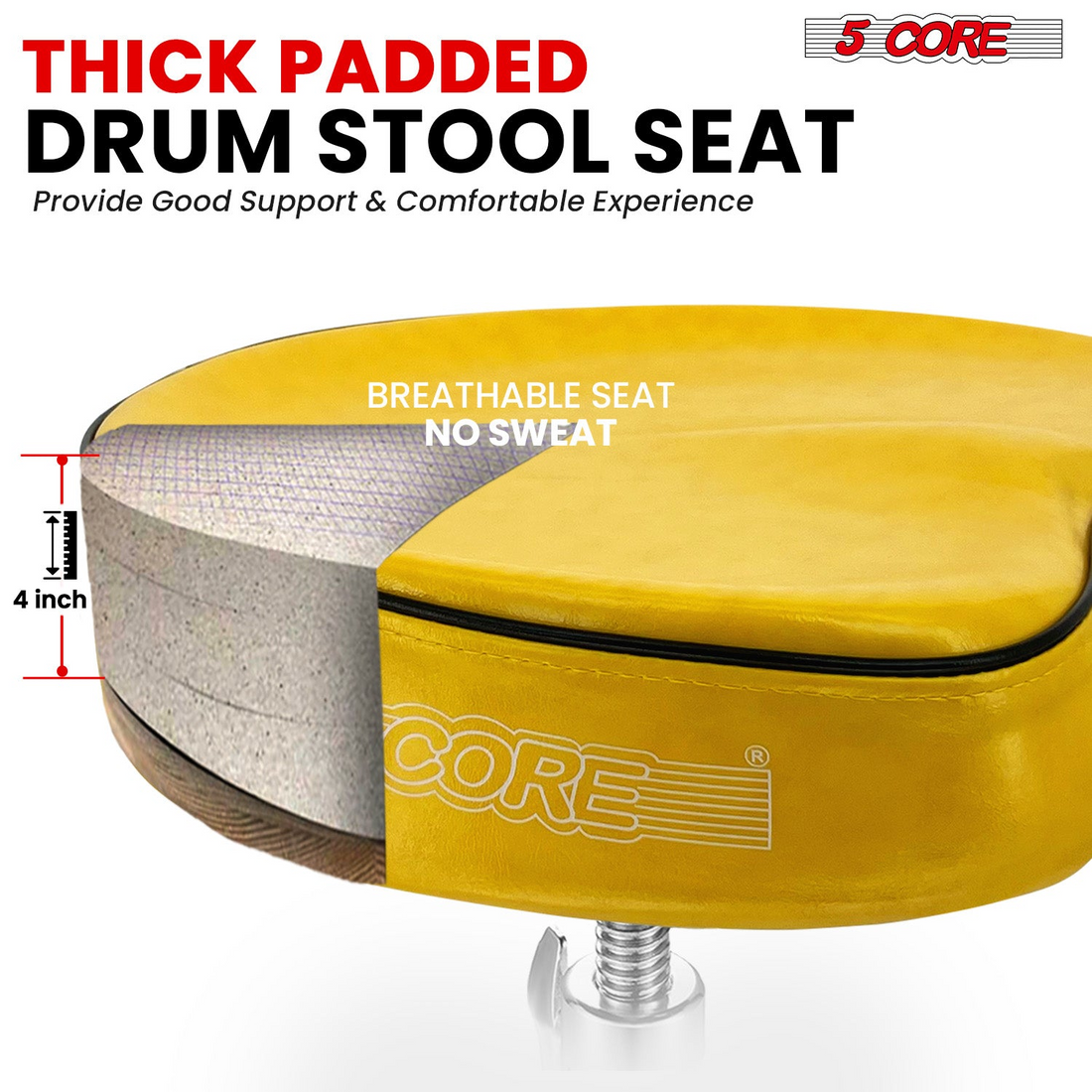 Start2Finish 5 Core Drum Throne with 4-inch padded saddle seat, heavy-duty adjustable drumming chair for musicians