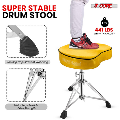 Start2Finish 5 Core Drum Throne with 4-inch padded saddle seat, heavy-duty adjustable drumming chair for musicians.