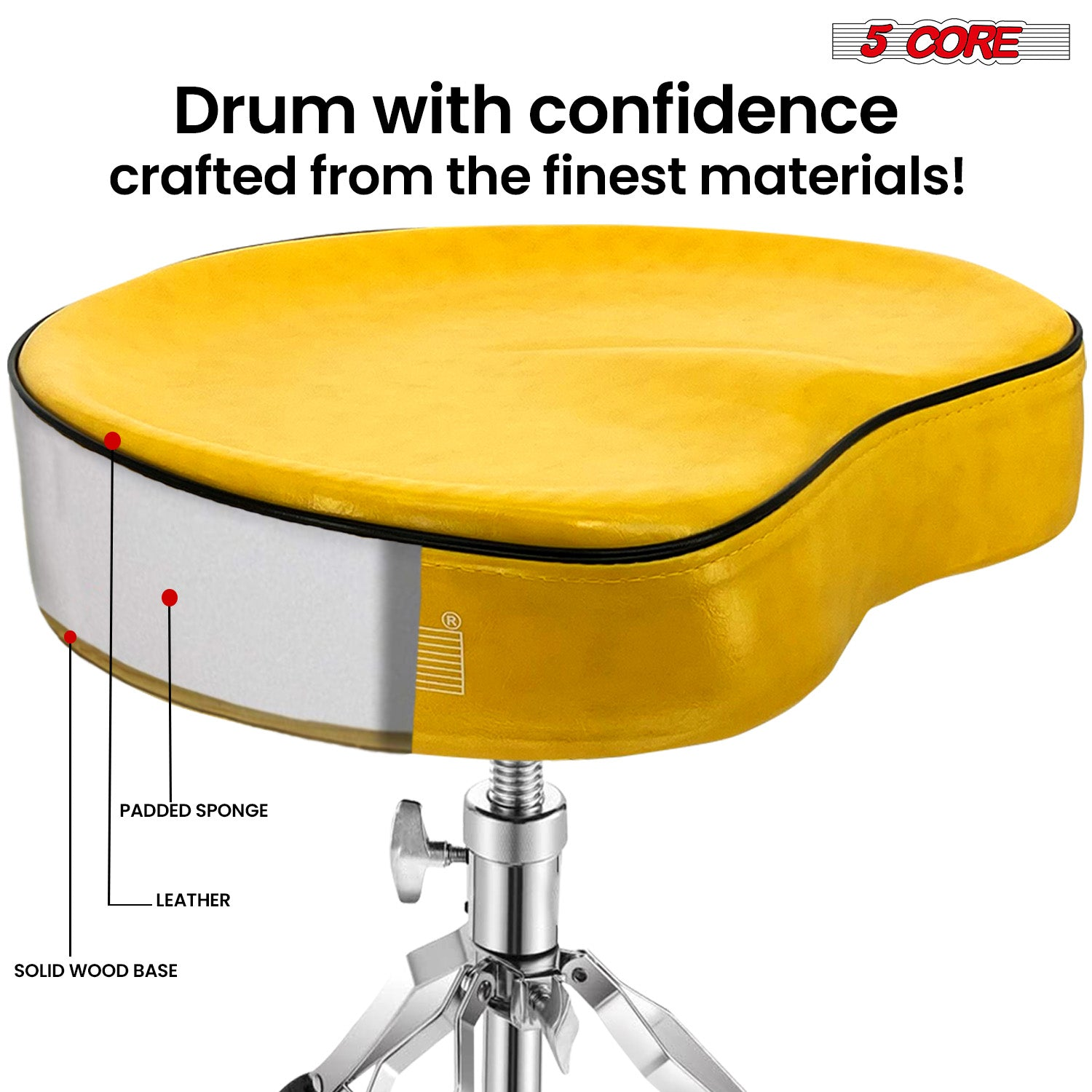 Start2Finish 5 Core Drum Throne with 4-inch padded saddle seat, heavy-duty adjustable drumming chair for musicians.