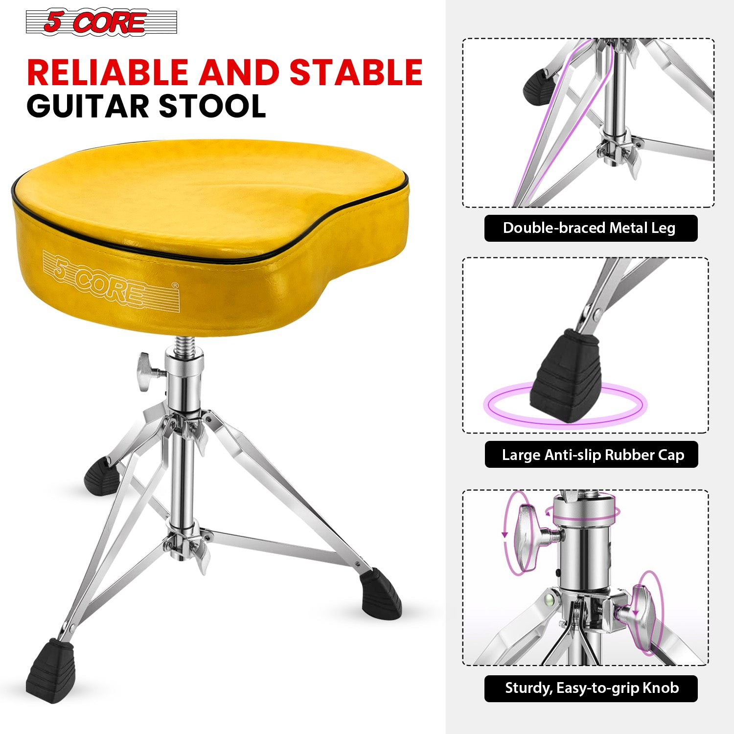 Start2Finish 5 Core drum throne with 4-inch padded saddle seat, heavy-duty adjustable drumming chair for musical instruments.