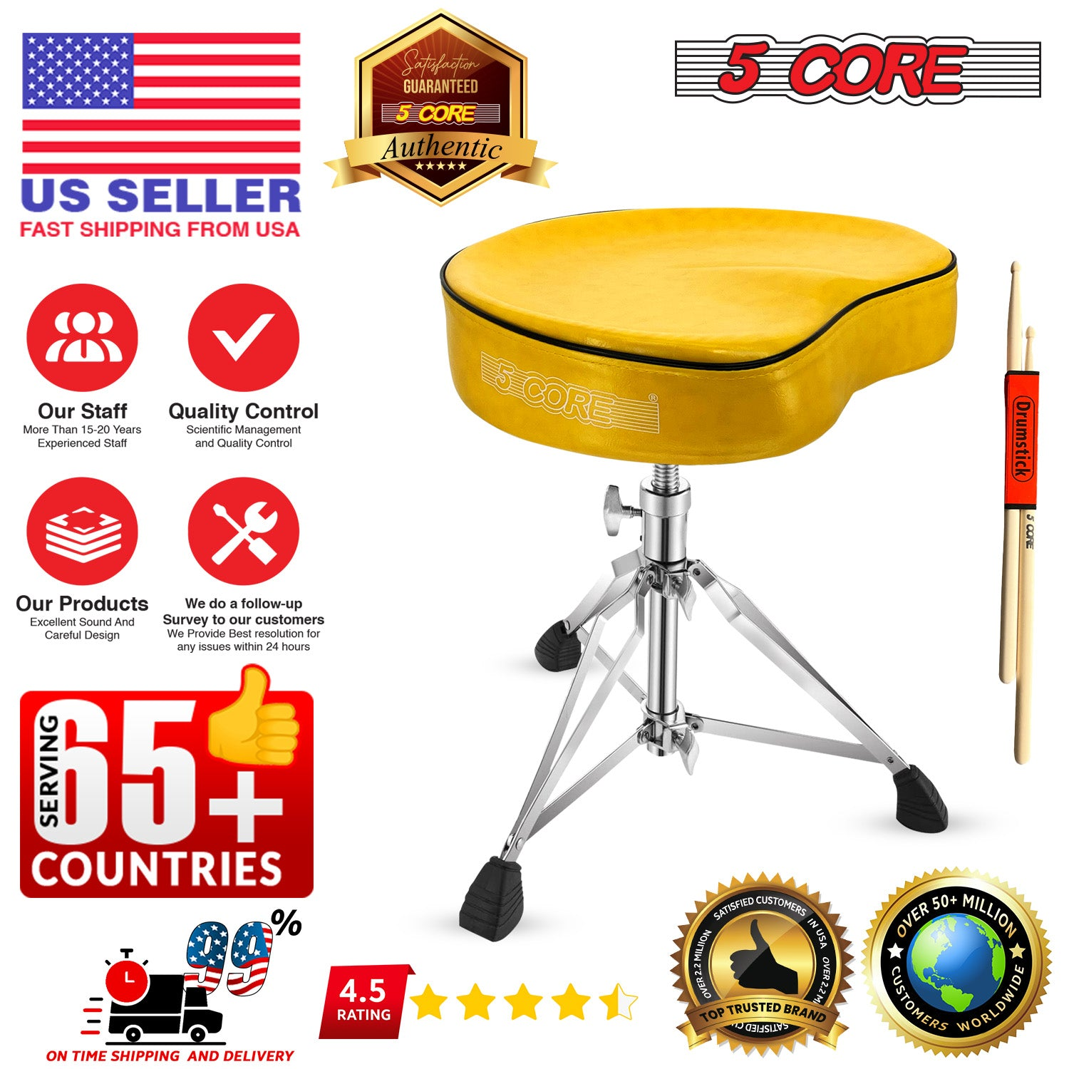 Start2Finish 5 Core Drum Throne with 4-inch padded saddle seat, heavy-duty adjustable drumming chair for musicians.