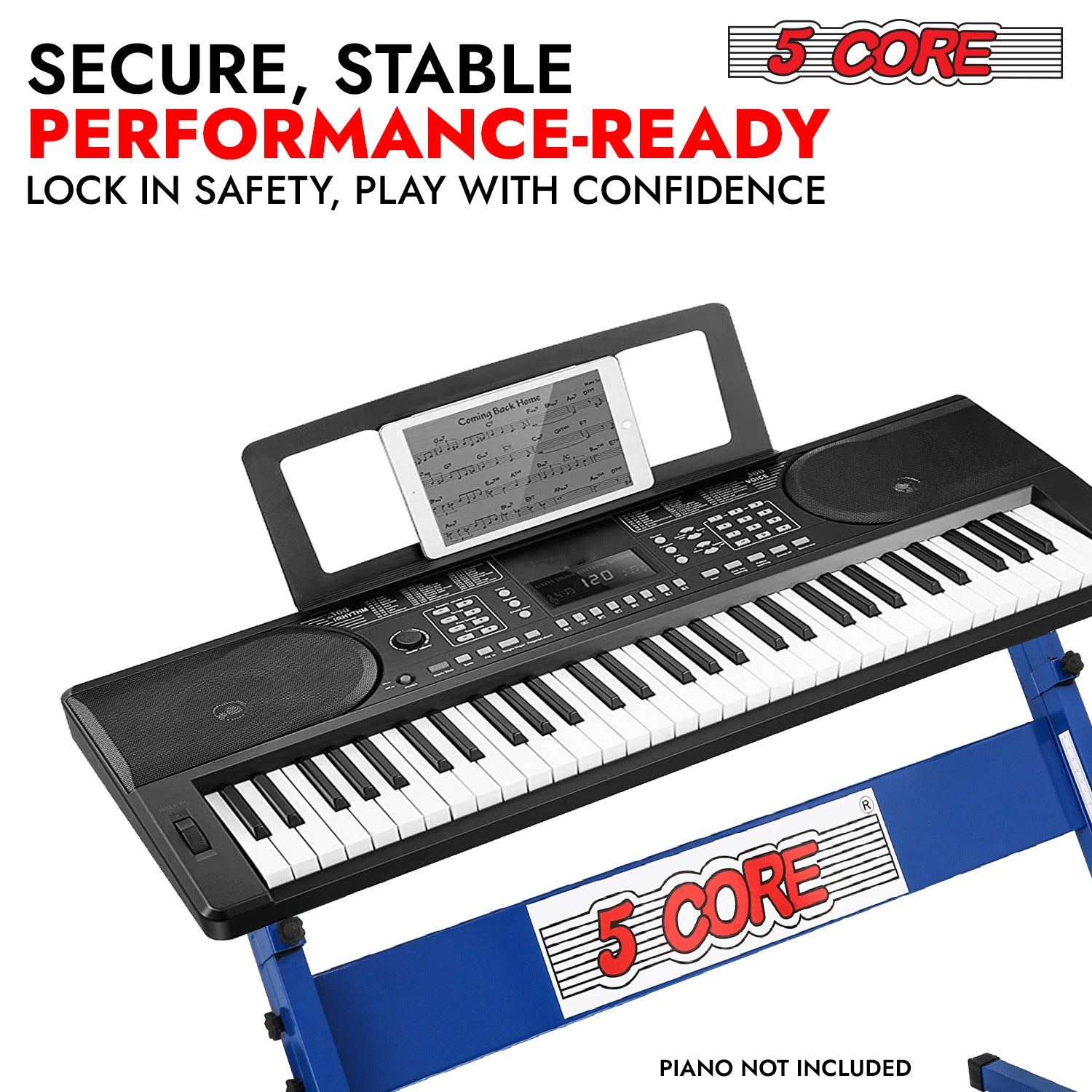 Start2Finish 5 Core Z-style adjustable keyboard stand with foldable metal design, supports electric pianos up to 330 lbs.