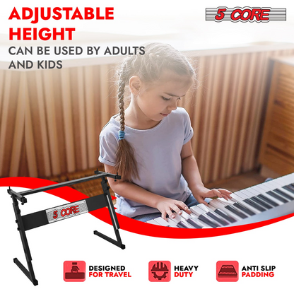 Start2Finish 5-core adjustable Z-style keyboard stand for electric pianos, foldable metal riser with 330 lb capacity, 21-33 inch height.