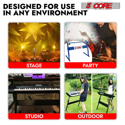 Start2Finish 5-core adjustable Z-style keyboard stand with foldable metal design, 21-33 inch height, supports up to 330 lbs.