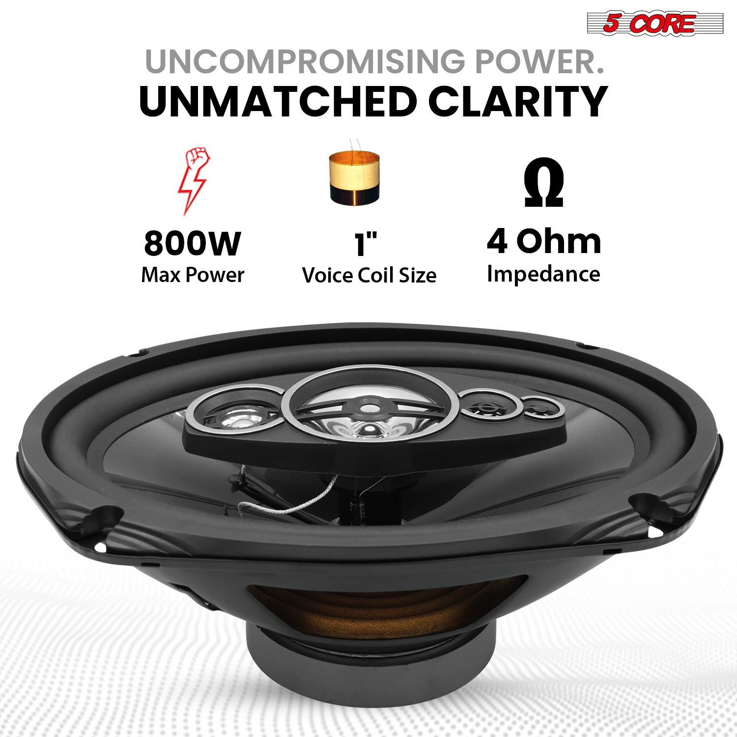 Start2Finish 5Core 6x9 car speakers with 800W, 4 ohm, 4-way coaxial design and super tweeters for automotive audio.