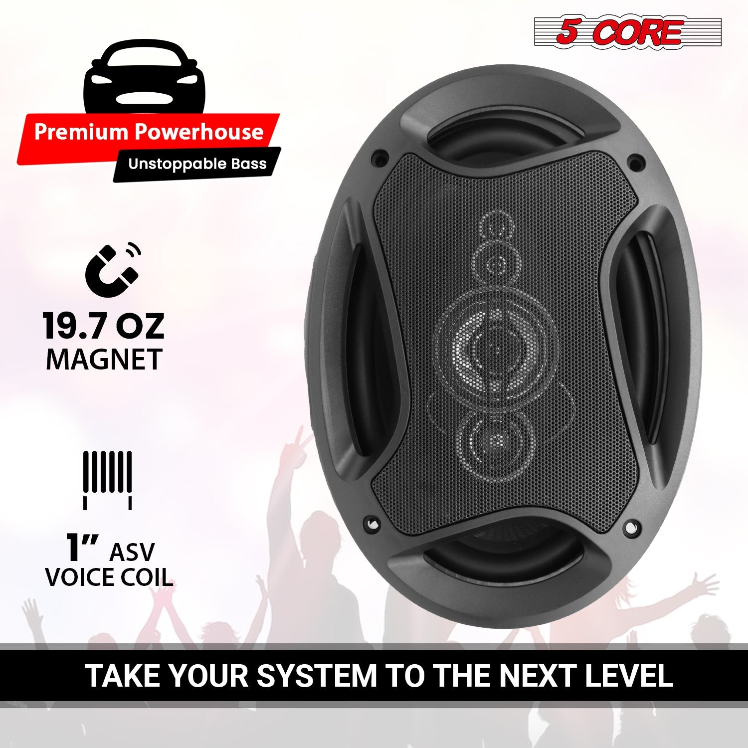 Pair of 5Core 6x9 car speakers by Start2Finish, 800W, 4 ohm, 4-way coaxial speakers with super tweeters for automotive audio.