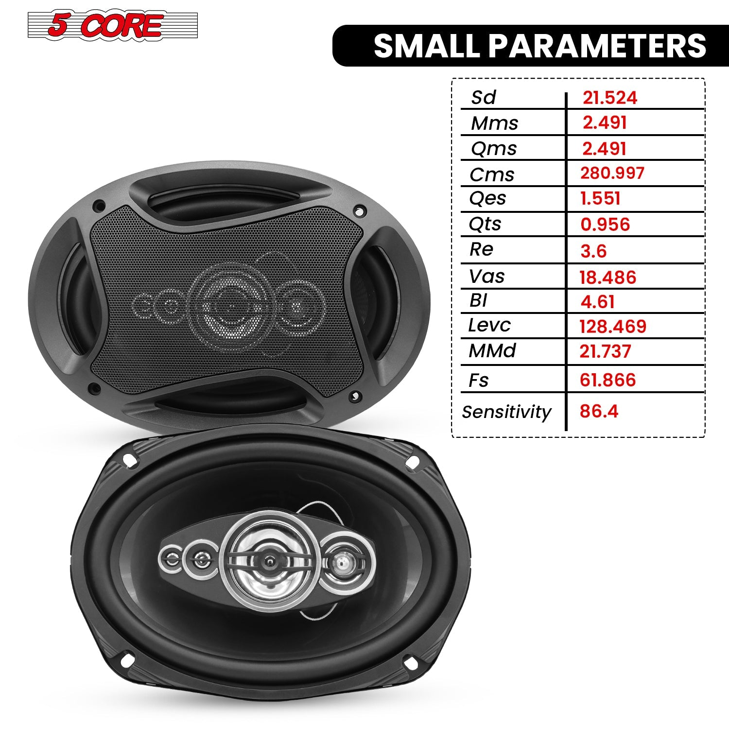 Pair of 5Core 6x9 car speakers by Start2Finish with 800W power, 4 ohm impedance, 4-way coaxial design, and super tweeters.