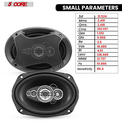 Pair of 5Core 6x9 car speakers by Start2Finish with 800W power, 4 ohm impedance, 4-way coaxial design, and super tweeters.