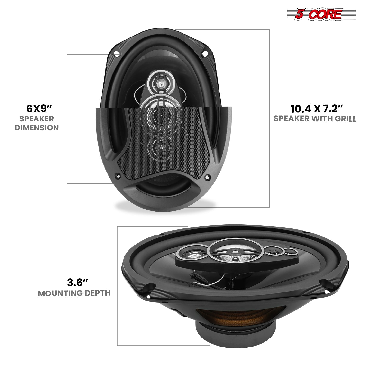 Start2Finish 5Core 6x9 car speakers, 800W 4-ohm 4-way coaxial audio speakers with super tweeters, universal fit for automotive sound.