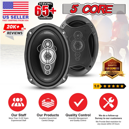 Pair of Start2Finish 5Core 6x9 car speakers with 800W power, 4 ohm impedance, 4-way coaxial design, and super tweeters.
