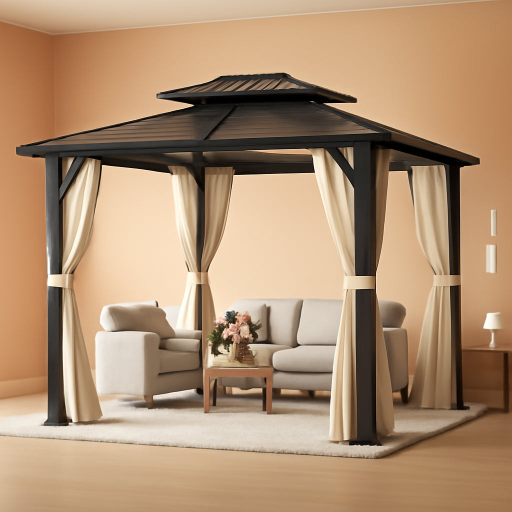 10x12 Foot Hardtop Gazebo Beige UV Resistant Curtains