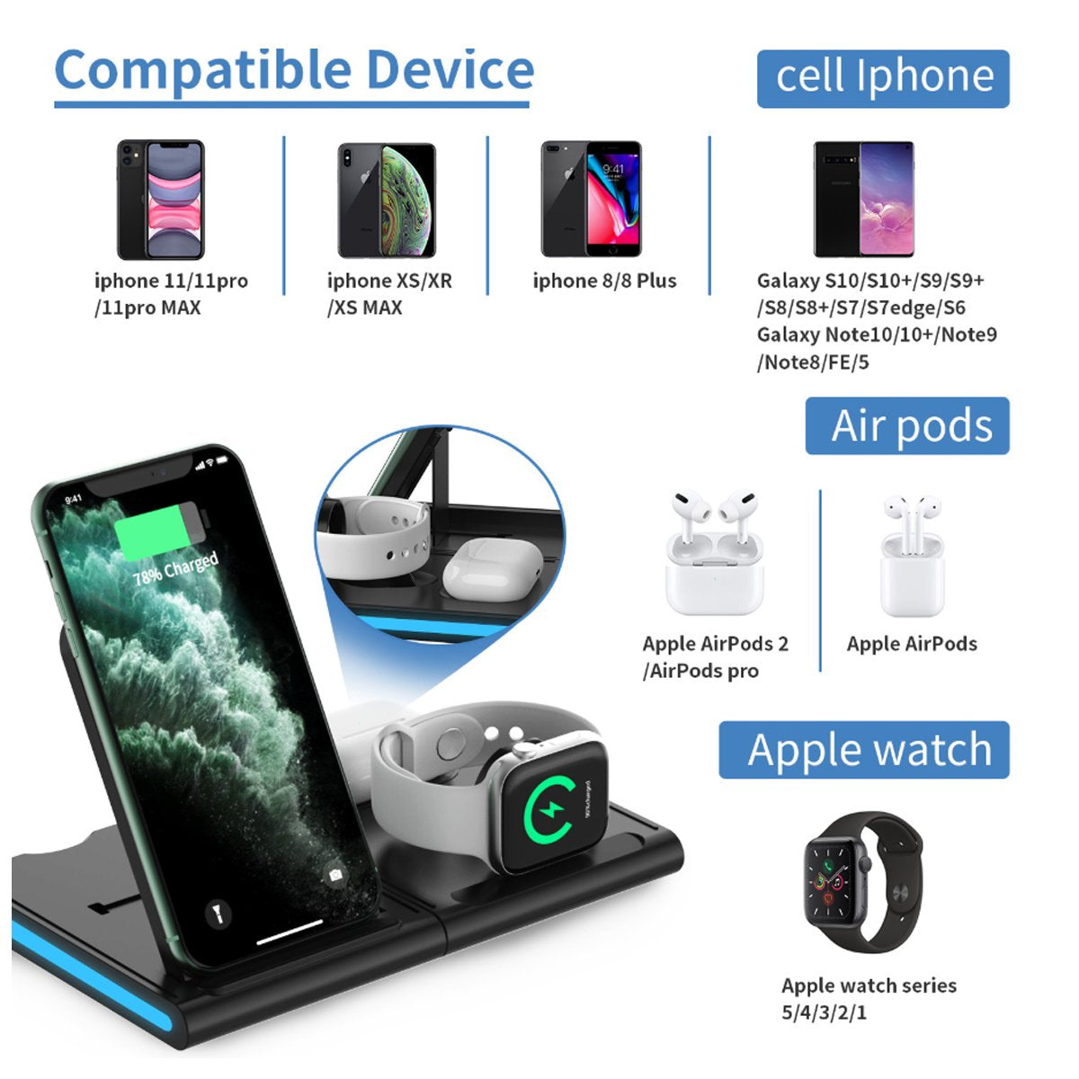 Salmon Lucky Magnetic Power Tiles 4-in-1 wireless charging station with sleek design and multiple charging pads for tech accessories.