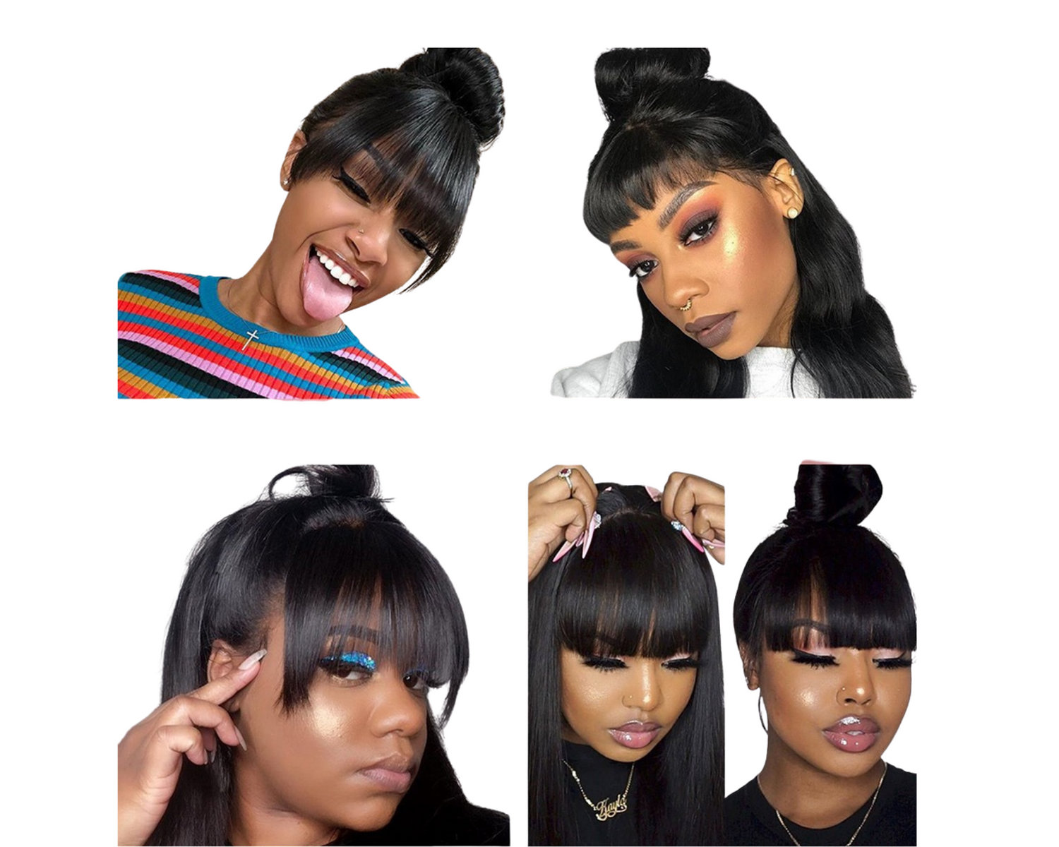 Cerise Alfie straight Brazilian human hair wig with bangs, full machine-made wig for beauty and styling.