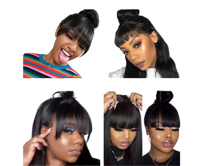 Cerise Alfie straight Brazilian human hair wig with bangs, full machine-made wig for beauty and styling.