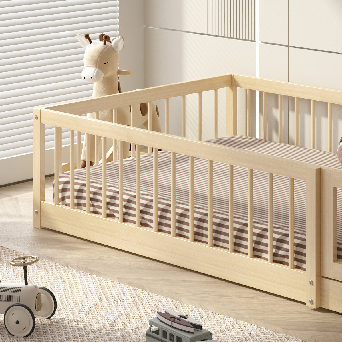 Olive Lucy Dream Raft Montessori natural twin floor bed with wooden frame, suitable for children&