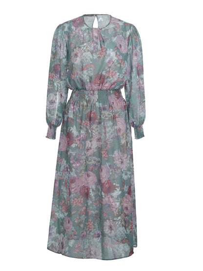 Elegant floral print long dress for women by Fuchsia Simba, two-piece style with flowing fabric and vibrant floral pattern.