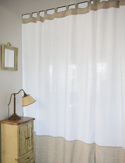 White and natural light linen curtains with tab tops, two-tone design, from Magenta Sugarplum for elegant home decor.