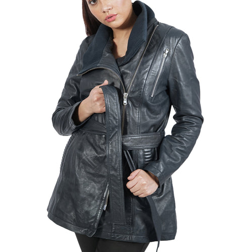 Azure Metis Daniela navy blue leather jacket displayed on a hanger, showcasing its sleek design and smooth leather texture.