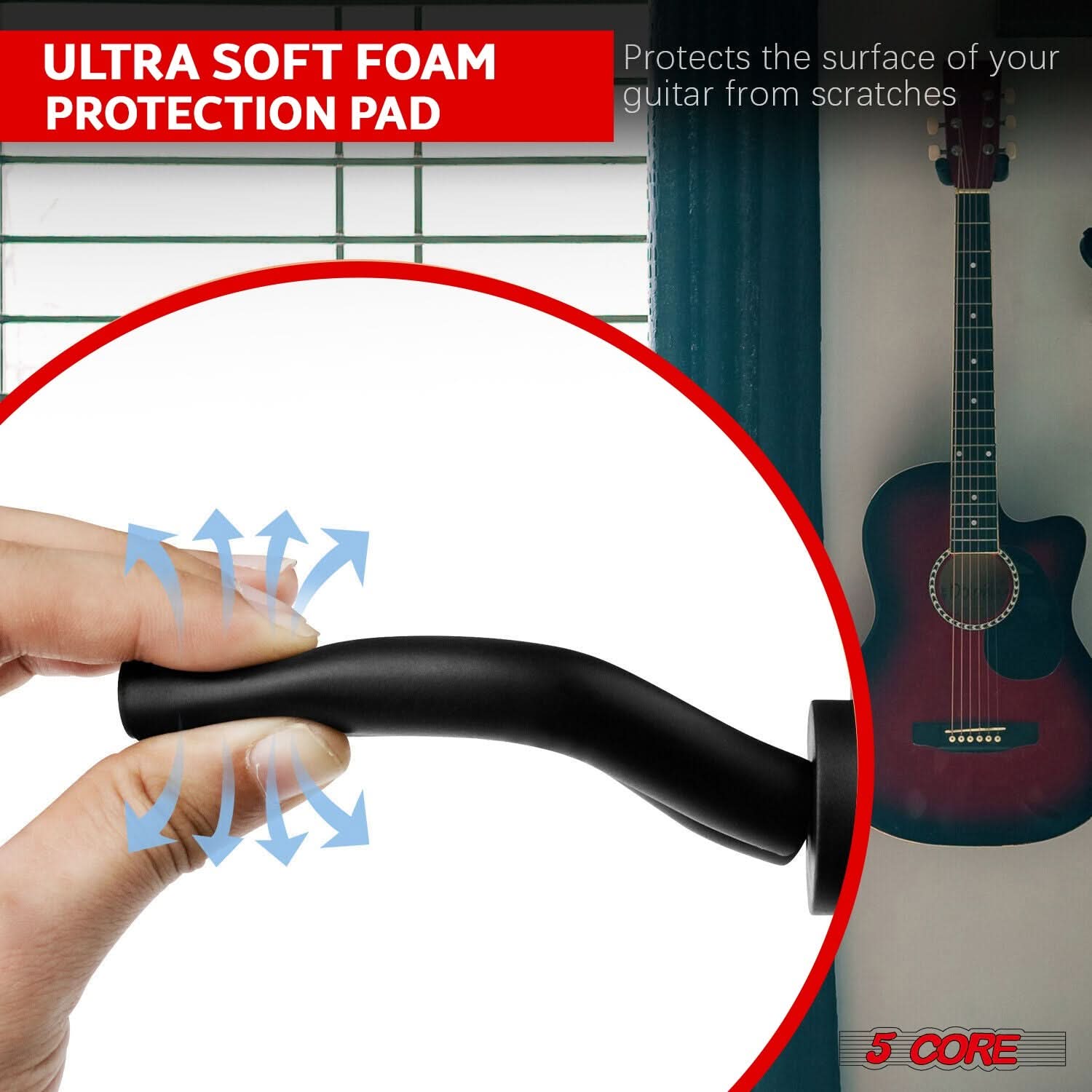 Violet Rose 5Core guitar wall mount hanger with soft padding, designed for secure display of guitars on a wall hook.