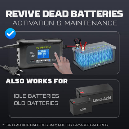 Indigo Icarus Powerwin P20 12V/24V 20A automatic car battery charger showing device with controls and display panel.
