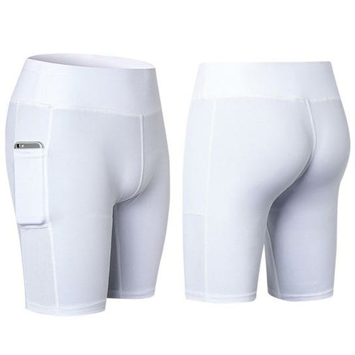 Stretchable All Seasons Yoga Shorts with phone pocket by Salmon Lucky, featuring breathable fabric and convenient storage for active wear.