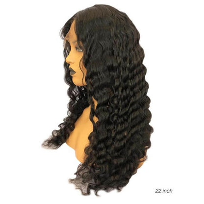 Glamorous Peach Epimetheus body wave 4x4 lace front wig with natural human hair and soft, flowing waves on a mannequin head.